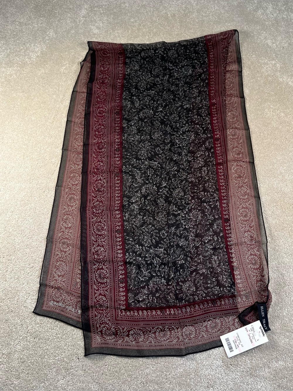 Ellen Tracy Silk Scarf NWT Burgundy Gray Patterned